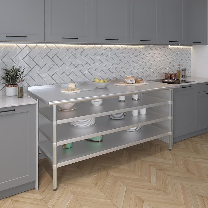 AmGood Stainless Steel Work Table with 1.5" Backsplash and 3 Shelves | Metal Kitchen Food Prep Table | NSF (72" Long x 30" Deep)
