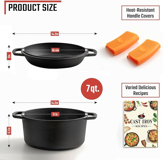 Overmont 2-in-1 Cast Iron Dutch Oven - 7QT Pre-Seasoned All-in-One Casserole Braising Pan with Skillet Lid Cookbook & Silicone Handle Covers - Heavy Duty Oven-Safe Pot for Bread Baking Frying Camping