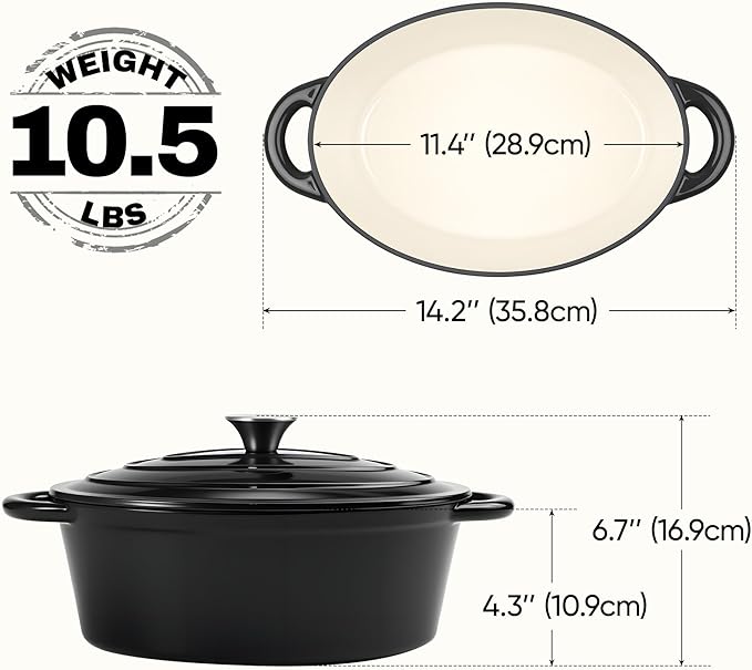 Oval Dutch Oven for Bread Baking, 4.5 Quart Non Stick Enameled Cast Iron Dutch Oven Pot with Lid, Oven Safe Oval Casserole with Lid up to 500°F for Baking, Braising, Stews, Roasting (Black)
