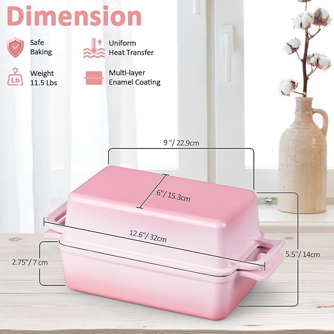 Leonyo Cast Iron Loaf Pan 2 Piece Set, 9x5 inch Enameled Cast Iron Bread Pan with Lid, 2-in-1 Homemade Sourdough Bread Dutch Oven for Pound Cake, Lasagna, Up to 500℉ & Pink