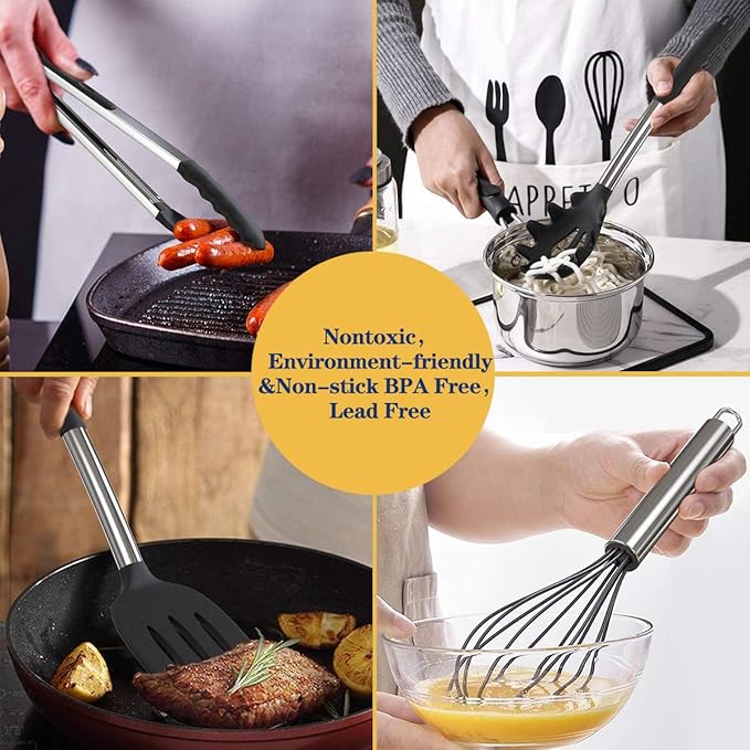 Silicone Cooking Utensil Set, Fungun Non-stick Kitchen Utensil 24 Pcs Cooking Utensils Set, Heat Resistant Cookware, Silicone Kitchen Tools Gift with Stainless Steel Handle (Black-24pcs)