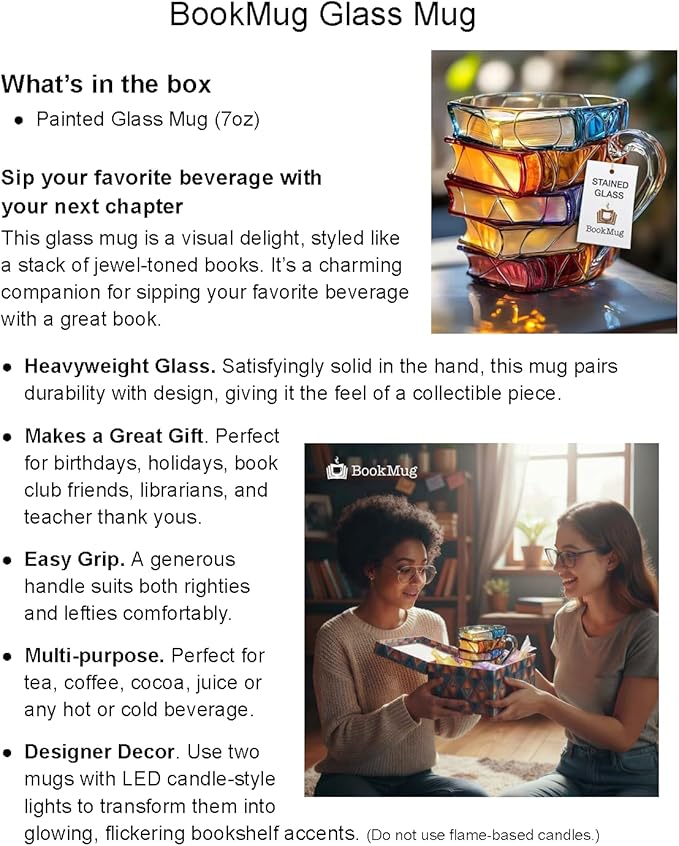 Chapter Book Mug Glass 3D Book Mugs Birthday Gift For Women Stained Glass Cups with Stack Design, Artistic Reading Coffee Cup, Unique Literary Friendship Gifts for Women, Friends & Readers