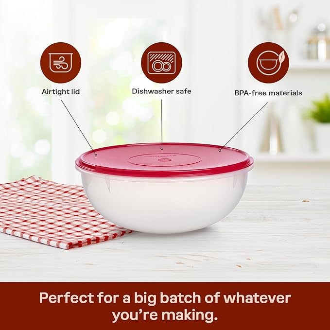 Tupperware Fix-N-Mix 1.7 Gallon Mixing Bowl, Clear with Lipstick Colored Lid, Dishwasher Safe and BPA Free (6.5 L)
