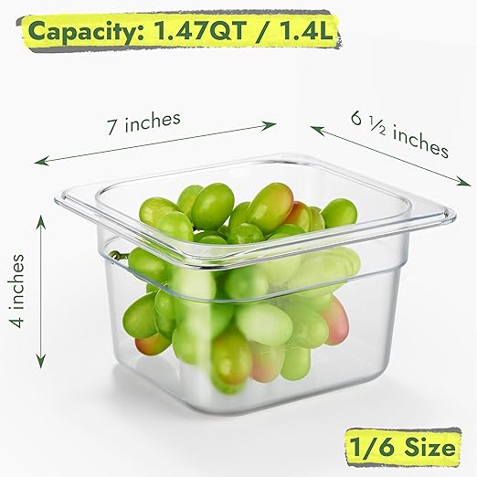 CURTA 6-Pack 1/6 Size 4" Deep NSF Polycarbonate Food Pans with Handled Lids & Drain Trays | Dishwasher & Freezer Safe Clear Container for Prep Tables, Buffet, Salad Bar, Commercial & Home Kitchen
