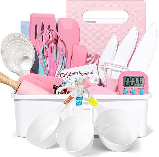 37PCS Kids Cooking Sets Real, Kids Cooking and Baking Gift Set with Storage Case Timer Kid Safe Knives Cutting Board, Toddler Real Kitchen Tools, Birthday Gifts for Girls Boys Age 3 - 8