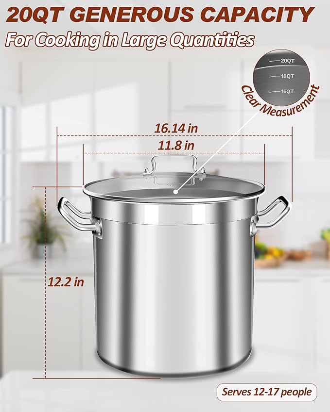 Large Stock Pot 20 Quart - Commercial Grade Soup Pot With Glass Lid - Nickel Free Stainless Steel Cookware - Healthy Polished Stockpots - Heavy Duty Induction Pots
