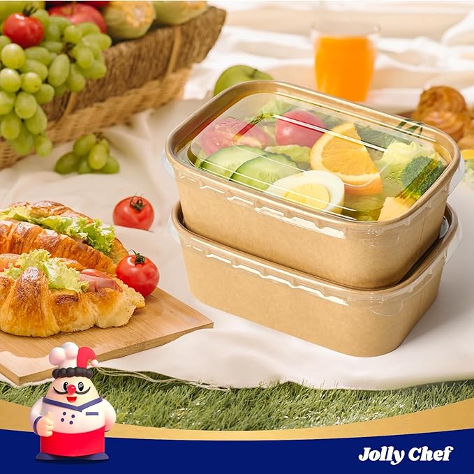 JOLLY CHEF 25 oz 50 Pack Paper Meal Prep Containers with Lids, Rectangular Disposable Food Containers, Brown Paper Bowls with Lids for Thanksgiving, Christmas, Parties