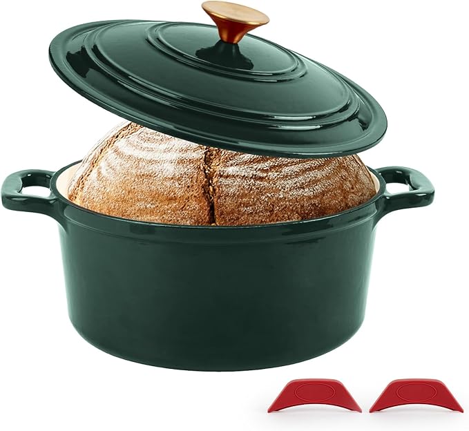 Enamel Cast Iron Dutch Oven with Lid,2.75QT Round Casserole Pot for Bread Baking, Braising,Roasting,Stews and Soups,Multipurpose Cookware,Oven Safe and Induction Compatible (2.75QT, Green)