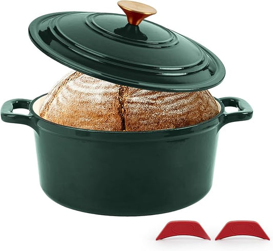 Enamel Cast Iron Dutch Oven with Lid,2.75QT Round Casserole Pot for Bread Baking, Braising,Roasting,Stews and Soups,Multipurpose Cookware,Oven Safe and Induction Compatible (2.75QT, Green)