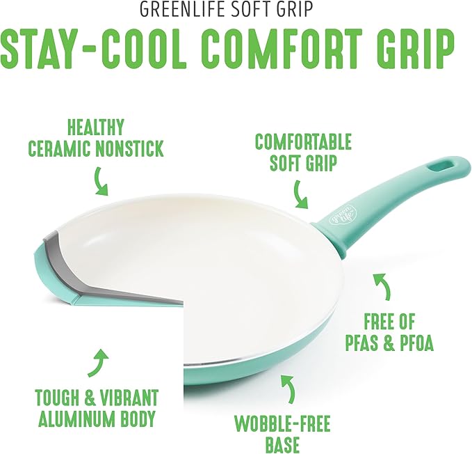 GreenLife 6QT Nonstick Stockpot with Straining Lid, Soft Grip, PFAS-Free Ceramic, Pour Spout, Multipurpose Cooking Pot, Sauces & Soups, Milk Pan, Stay-Cool Handles, Dishwasher & Oven Safe, Turquoise