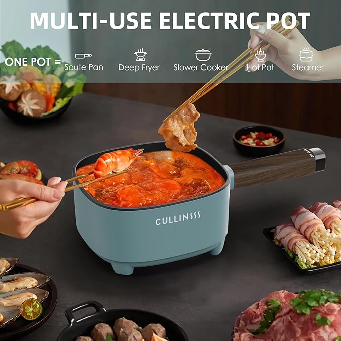 2L Electric Pot with Steamer, Portable Hot Pot Electric with Upgrade Titanium Nonstick Coating for Dorm, Office, Travel, Multi Cooker Pot for Ramen, Soup, Oatmeal (Tongs Included)