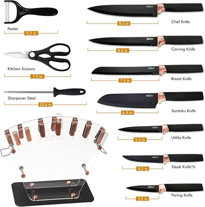 elabo Kitchen Knife Set - 16 Pcs Knife Set with Acrylic Block and Sharpener, Stainless Steel Knives Set for Kitchen Includes Sharp Knives, 6 Serrated Steak Knives, Dishwasher Safe(Rose Gold)
