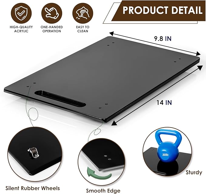Acrylic Appliance Slider with Rubber Wheels, Sliding Tray for Heavy Kitchen Appliances, Coffee Maker Slider Tray for Counter, Countertop Moving Tray Accessories for Kitchen - 9.8" x 14" (Black)
