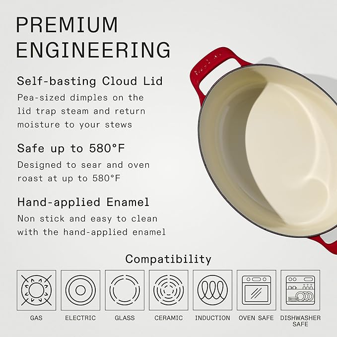 Made In Cookware - Oval Dutch Oven 7.5 Quart - Red - Enameled Cast Iron - Exceptional Heat Retention & Durability - Professional Cookware - Crafted In France - Induction Compatible