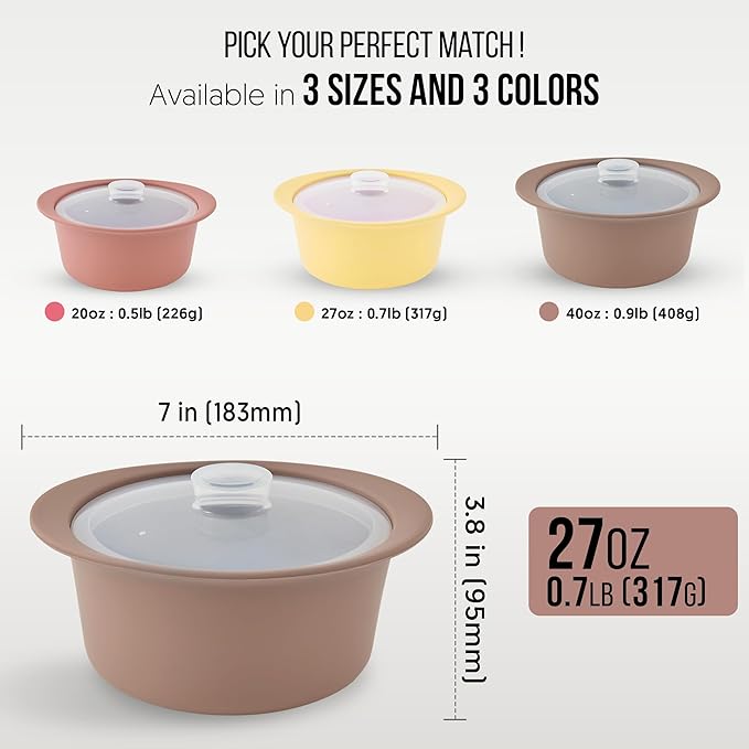 27oz Platinum Silicone Microwave Steamer Pot with Handle & Lid - Korean 100% Food-Grade Steamer Bowl, Heat-Resistant Cooker with Steam Holes, Easy Clean, Dishwasher Safe, Taupe Brown