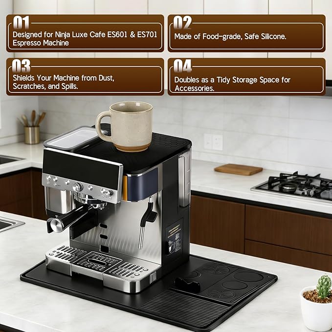 3-in-1 Silicone Mat Set for Ninja Luxe Cafe ES601 & ES701 Espresso Machine– Top Mat, Bottom Sliding Mat & Tamping Station Pad, Full Protection Non-Slip Coffee Machine Accessories (Black)
