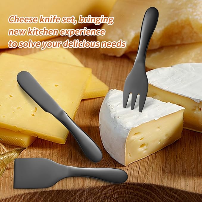 Black Butter Knives Set 7 Pieces Stainless Steel Kitchenware Utensils Gadgets include cheese Knife, Cheese Spreader, Cheese Forks, Cheese Slicer, Cheese Cutter, Butter Knife