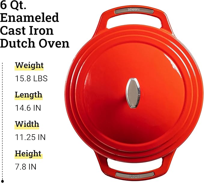 Lodge USA Enamel 6 Qt Enameled Cast Iron Dutch Oven - Cast Iron Cookware - Dutch Oven Pot with Lid - Cherry On Top Color - 6 Qt Capacity