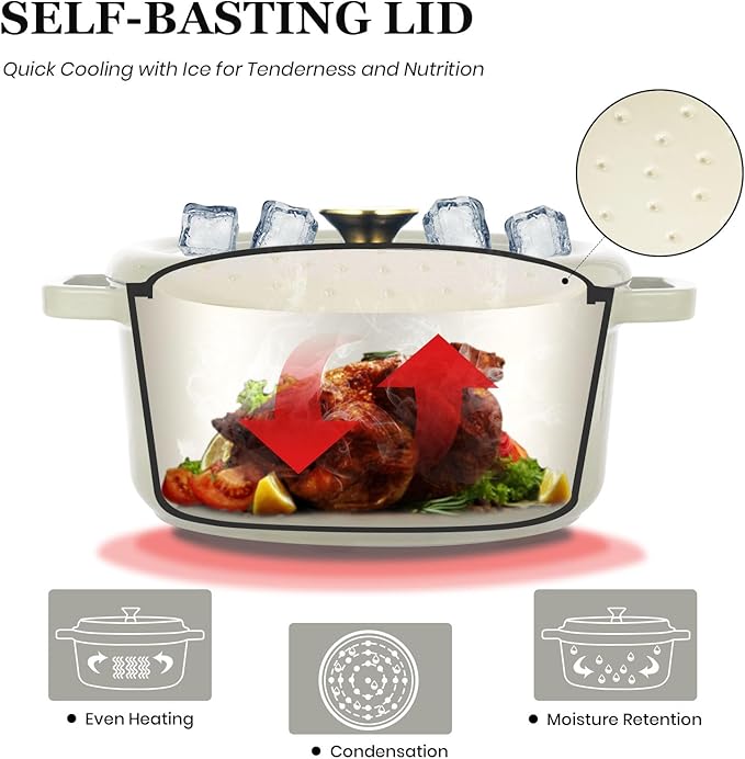 Overmont Enameled Cast Iron Dutch Oven - 5QT Pot with Lid Cookbook & Cotton Potholders - Heavy-Duty Cookware for Braising, Stews, Roasting, Bread Baking Cream white