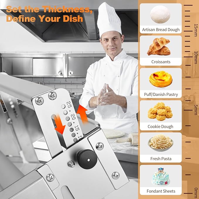 15.5" Folding Dough Sheeter, Includes 35.4" x 15.8" Sheeter Board, Dough Mat (23.6" x 15.8"), 2 Pastry Brushs, 2 Scrapers, Wool Brush, Manual Dough Roller with 55 Thickness Settings, Stainless Steel