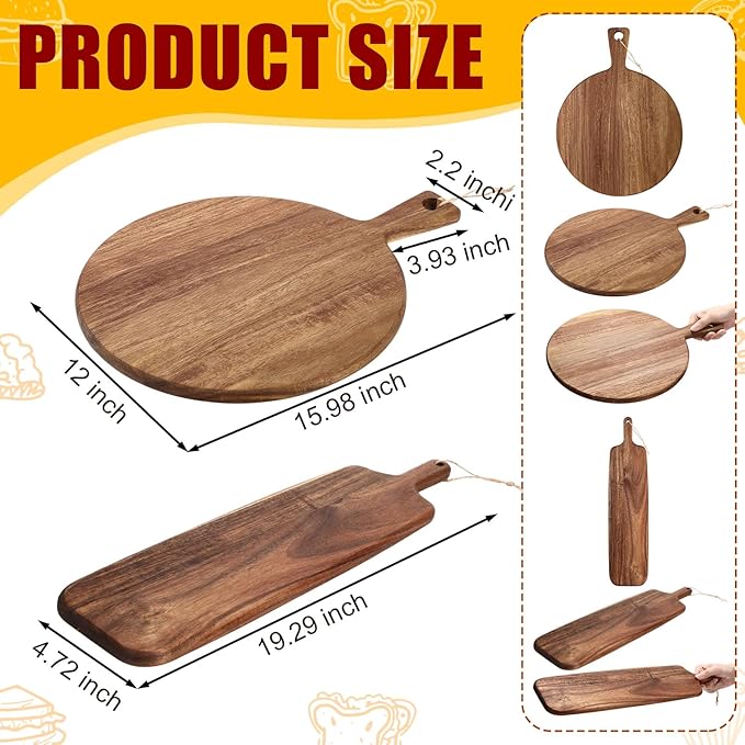 Hsei 2 Pcs Acacia Wood Cutting Board with Handle Wooden Charcuterie Board Large Paddle Carving Chopping Set Butter Serving Tray for Cheese Meat Fruit Bread (Classic Handle,16x12,19x4.7 Inch)
