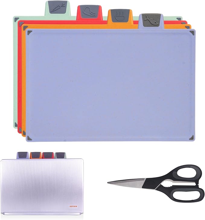 4-Piece Non-Toxic Cutting Board Set with Premium Scissors and Holder (Tall Silver)