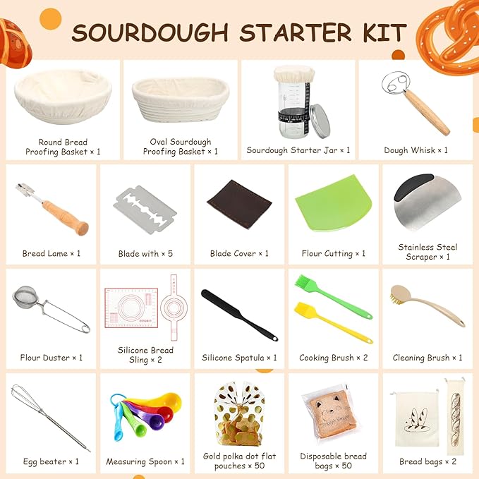 Sourdough Starter Kit Includes Round and Oval Proofing Baskets, Bread Hoops, Fermentation Jars, Dough Scrapers, Molds, and Storage Bags, A Complete Set of Bread Baking Tools (117PCS)
