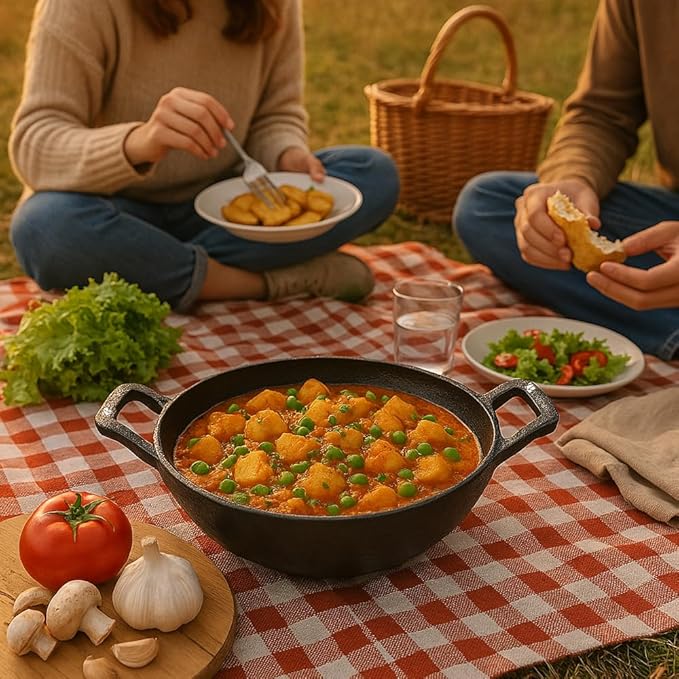 Cast Iron Deep Kadai Wok with Dual Handles, Heavy-Duty Cooking Pot for Deep Frying, Stir-Frying, Curries – Gas, Grill & Open Flame Compatible, 9 Inch