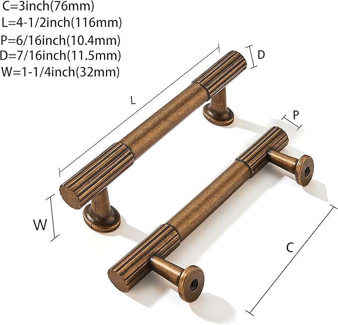 khtumeware 3 Inch Hole Center 10 Pack Antique Brass Heavy Duty Solid Vintage Brass Cabinet Pulls, Kitchen Drawer Handles, for Dresser cabinets, cabinets, Door cabinets, Hardware