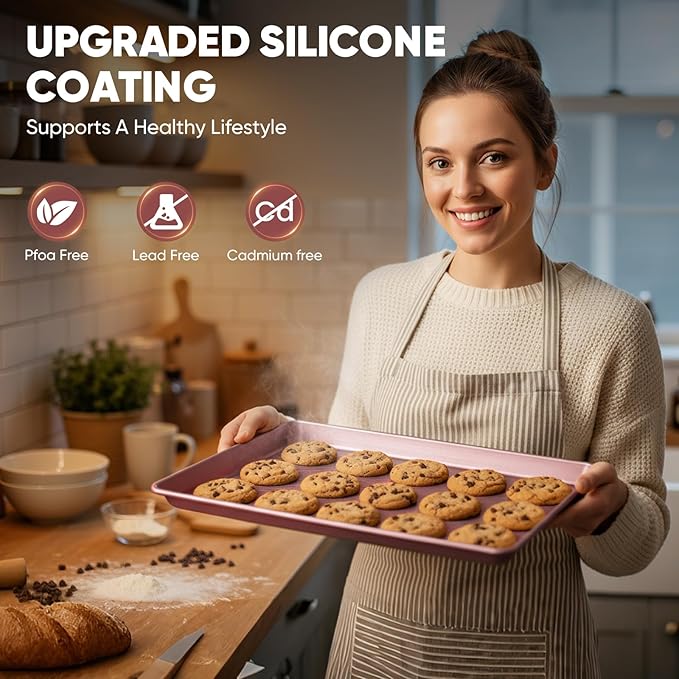 Nonstick Baking Sheet Pan Set of 3, Heavy Duty Cookie Sheets for Oven with Stripe Texture Pattern, 0.6mm Thick Quarter/Half/Jelly Roll Pans, Rust-Resistant & Easy Clean (Pink)