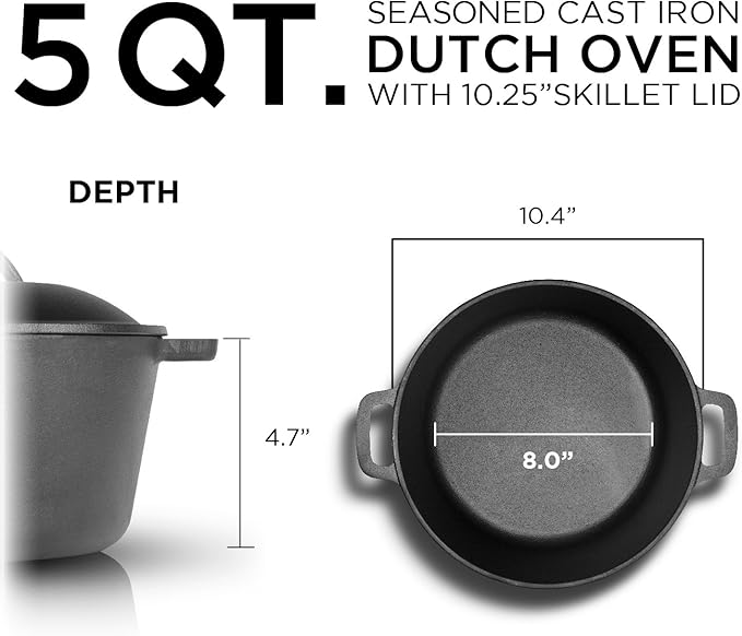 Commercial Chef 5-Qt. Dutch Oven with Lid, Pre-Seasoned Cast Iron, Integrated Handles, Works on All Cooktops Including Induction, Outdoor Cookware for Campfires or Grills, CHFL545