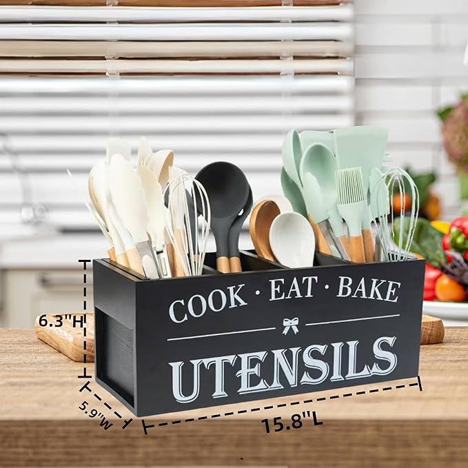 Utensil Holder,Extra Large Wooden Utensil Holder For Kitchen Counter,Cooking Spatula Organizer,Big Storage Caddy With 4 Compartments Flatware Spoon Tool Cutlery (Black)