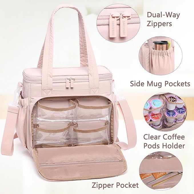 BAGSPRITE Coffee Maker Travel Bag Compatible with Keurig K-Mini Mate, Carrying Case for K-Cup Single Serve Coffee Maker, Portable Coffee Maker Case with Pod Organizer, Mug Pockets & Shoulder Strap