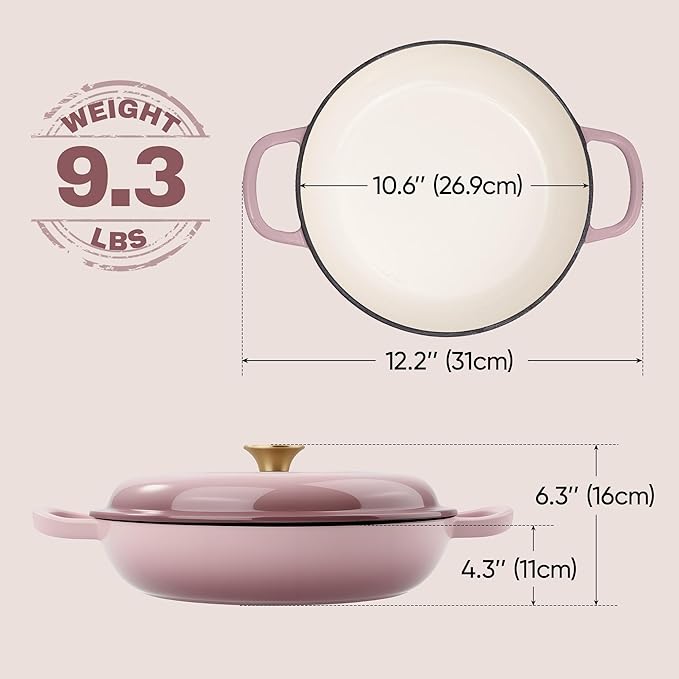 Vintage Style 3 Quart Enameled Cast Iron Braiser, Non Stick Enameled Cast Iron Skillet with Lid, Dutch Oven Skillet with lid up to 500°F for Oven, Stove, Grill, Shallow Dutch Oven for Cook, Bake (Pink)