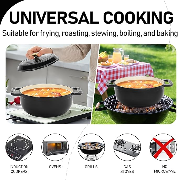Bonnlo Round Dutch Oven, Enameled Cast Iron Dutch Oven Pot with Lid & Dual Handles, Oven Safe Up to 500° F, for Sourdough, Bread Baking, Stews and Roasting (Black, 5 Quart)