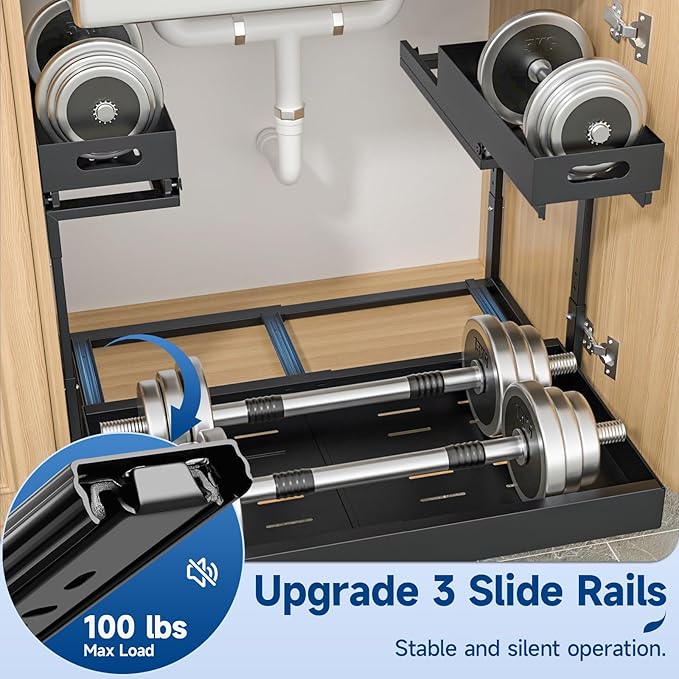 Insputer Upgrade 2 Tier Under Sink Organizer with 3 Slide Rails, Metal Under Cabinet Storage Expandable 15"-25" W & Height Adjustable, Thickened Pull Out Shelf for Bathroom, Kitchen, Laundry, Pantry