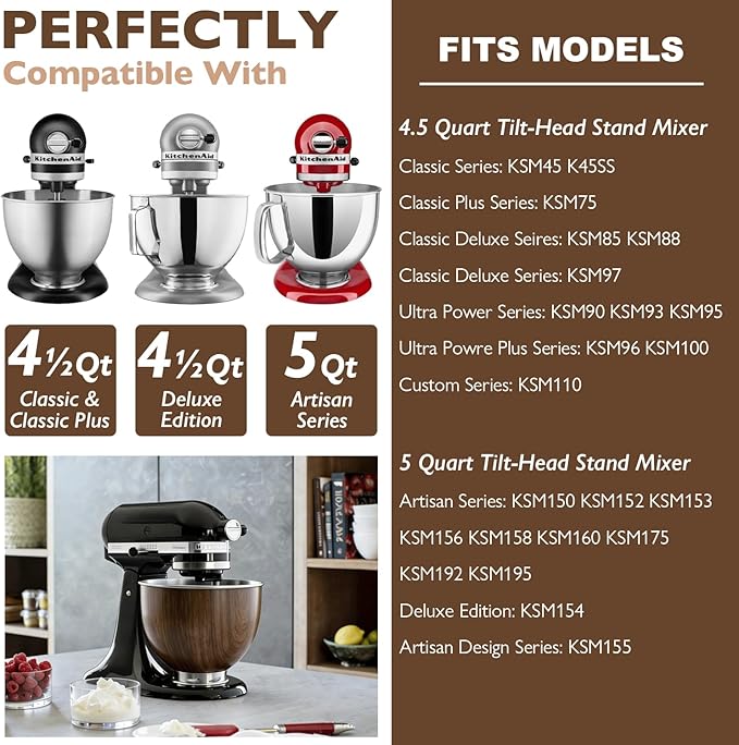 Stainless Steel 5 Quart Mixer Bowl for Kitchenaid Classic&Artisan Tilt Head Stand Mixer, Wood Texture, Fit for K45, KSM75, KSM90, KSM150, Heavy Duty, Dishwasher Safe