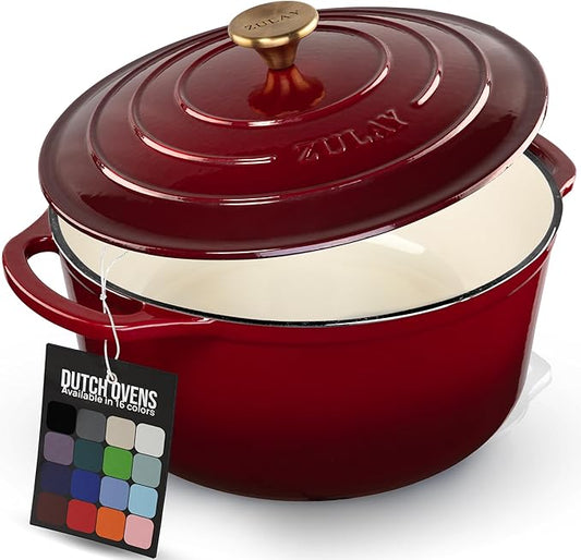 Zulay Kitchen 6 Quart Enameled Cast Iron Dutch Oven Pot with Lid – Premium Durability & Oven Safe up to 500°F – Heavy Duty Cookware Perfect for Bread Baking, Stews, Braising & Roasting – Garnet