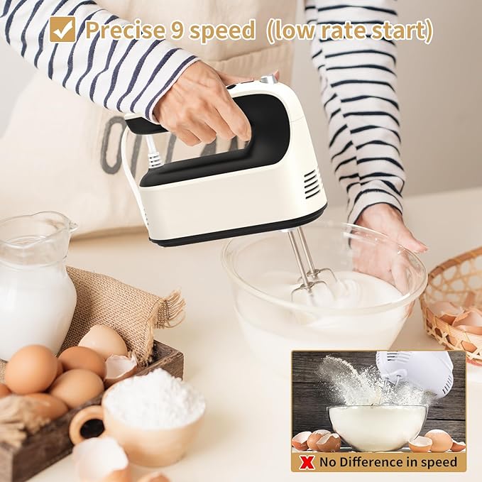 9-Speed Digital Hand Mixer Electric, 400W Powerful DC Motor, Hand Mixer Electric Handheld with Snap-On Storage Case, 5 Stainless Steel Accessories, Beaters, Dough Hooks, Whisk(Creamy/Black)