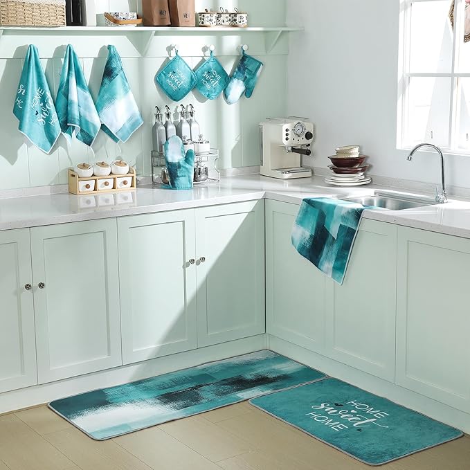 10 Pcs Teal Turquoise Oven Mitts and Pot Holders Kitchen Decor and Accessories Set Turquoise Kitchen Towels Modern Boho Oven Gloves for Home Decorations Cooking Baking Housewarming Gifts