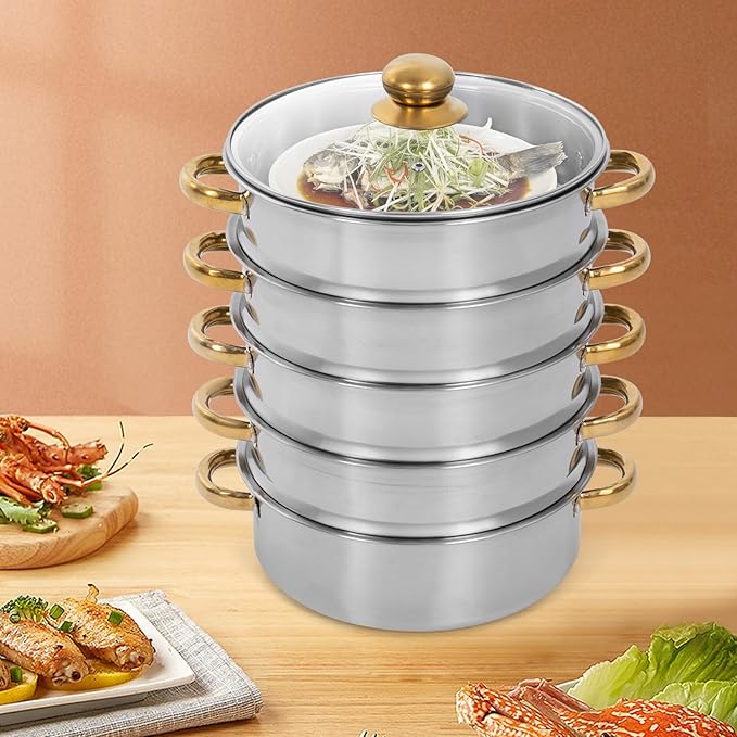 Stainless Steel Steamer Pots, Non-Stick Meat Vegetable Cooking Steam Pot Kitchen Steamer Cooker Dumpling Steamer Cookware Steaming Pots for Induction Cookers, Electric Ceramic Stoves (5-Tier, 30cm)