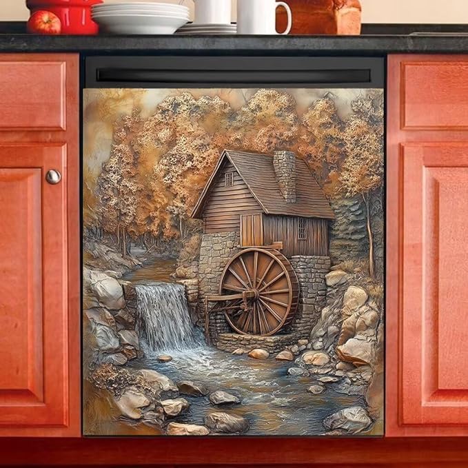 Rustic Water Mill Dishwasher Magnet Cover, Waterfall Scene with Cottage Refrigerator Magnetic Vinyl Sticker for Dishwasher Door, Decorative Kitchen Appliance Panel Decal, 23Wx26H Inches