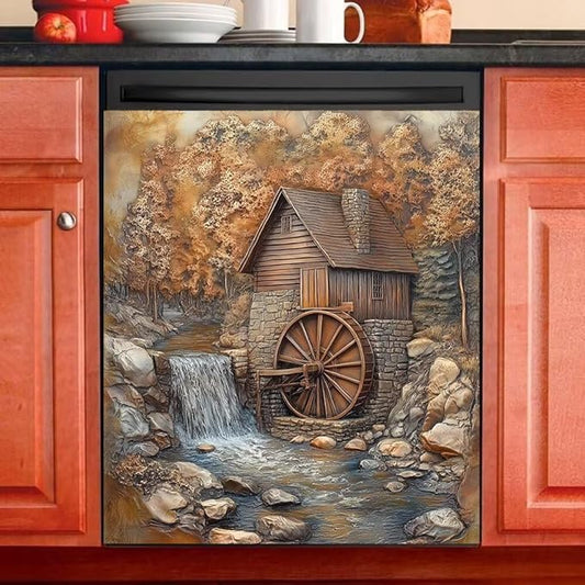 Rustic Water Mill Dishwasher Magnet Cover, Waterfall Scene with Cottage Refrigerator Magnetic Vinyl Sticker for Dishwasher Door, Decorative Kitchen Appliance Panel Decal, 23Wx26H Inches