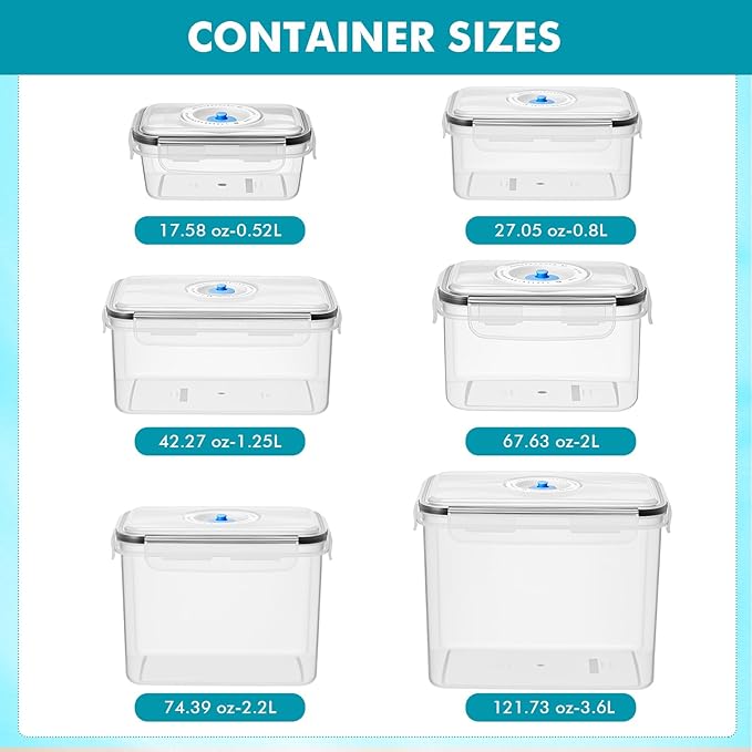 LemonRoad 33 Piece Vacuum Seal Storage Food Containers with Lids (6Containers&6 Lids&20 Sealable Bags&1 Hand Vacuum Pump), Meal Prep Containers with Lid, Airtight and Leak Proof (Black)