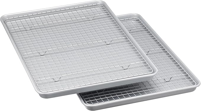 Amazon Basics Ceramic Nonstick Baking Sheets & Cooling Rack Set, PTFE & PFOA Free, Dishwasher Safe, Oven Safe, Half Sheet Size, Gray, 2-Pack