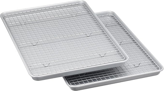 Amazon Basics Ceramic Nonstick Baking Sheets & Cooling Rack Set, PTFE & PFOA Free, Dishwasher Safe, Oven Safe, Half Sheet Size, Gray, 2-Pack