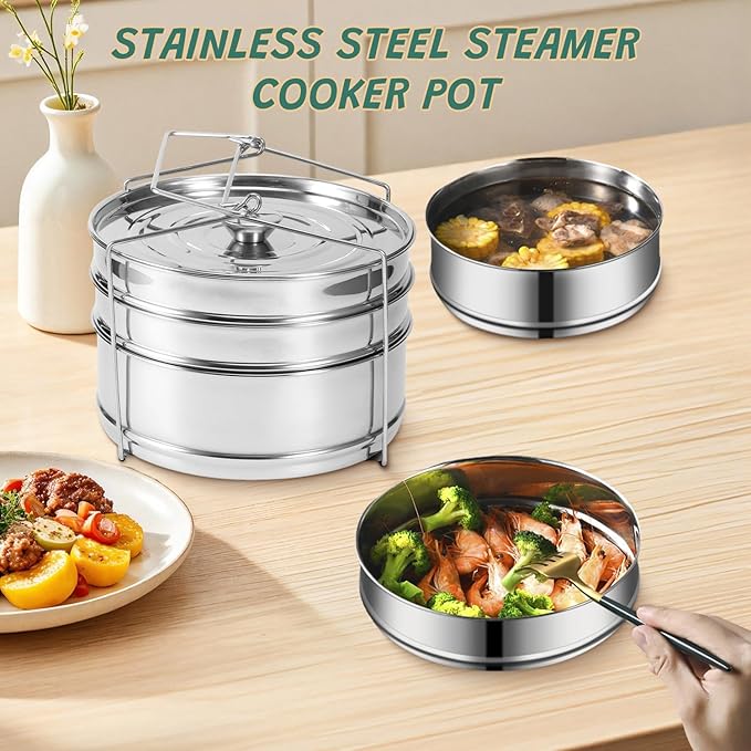 Stackable Stainless Steel Steamer Pots Set - 3 Tier Pans for 6QT Pressure Cookers, Dishwasher Safe Insert Cookware Instant Pot Accessories Stacking Pots for Steaming, Cooking, Serving