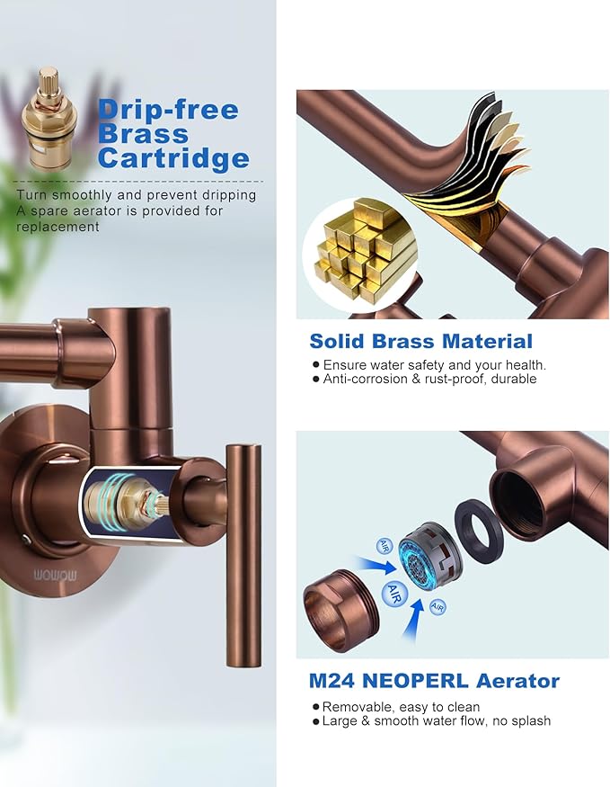 Pot Filler Faucet Rose Gold - WOWOW Solid Brass Pot Filler Wall Mount Kitchen Folding Faucet Over Stove with Double Joint Swing Arms