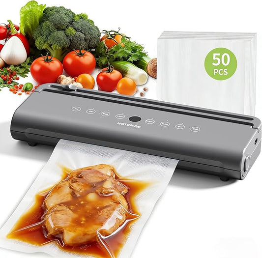 Food Vacuum Sealer Machine, Powerful & Continuous Vacuum Sealing for Kitchen Storage & Meal Prep, Wet & Dry Food Sealing, Detachable Upper & Lower Design for Easy Cleaning, Includes 50 Bags