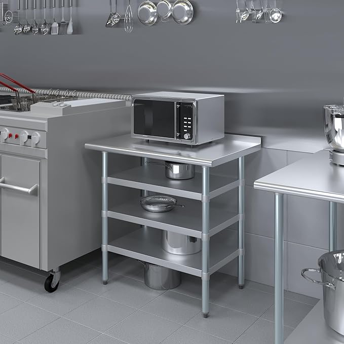 AmGood Stainless Steel Work Table with 1.5" Backsplash and 3 Shelves | Metal Kitchen Food Prep Table | NSF (36" Long x 24" Deep)